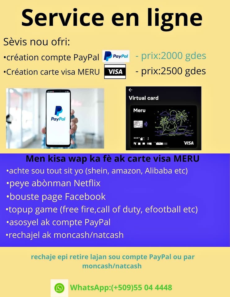 Service création compte PayPal et création carte de débit